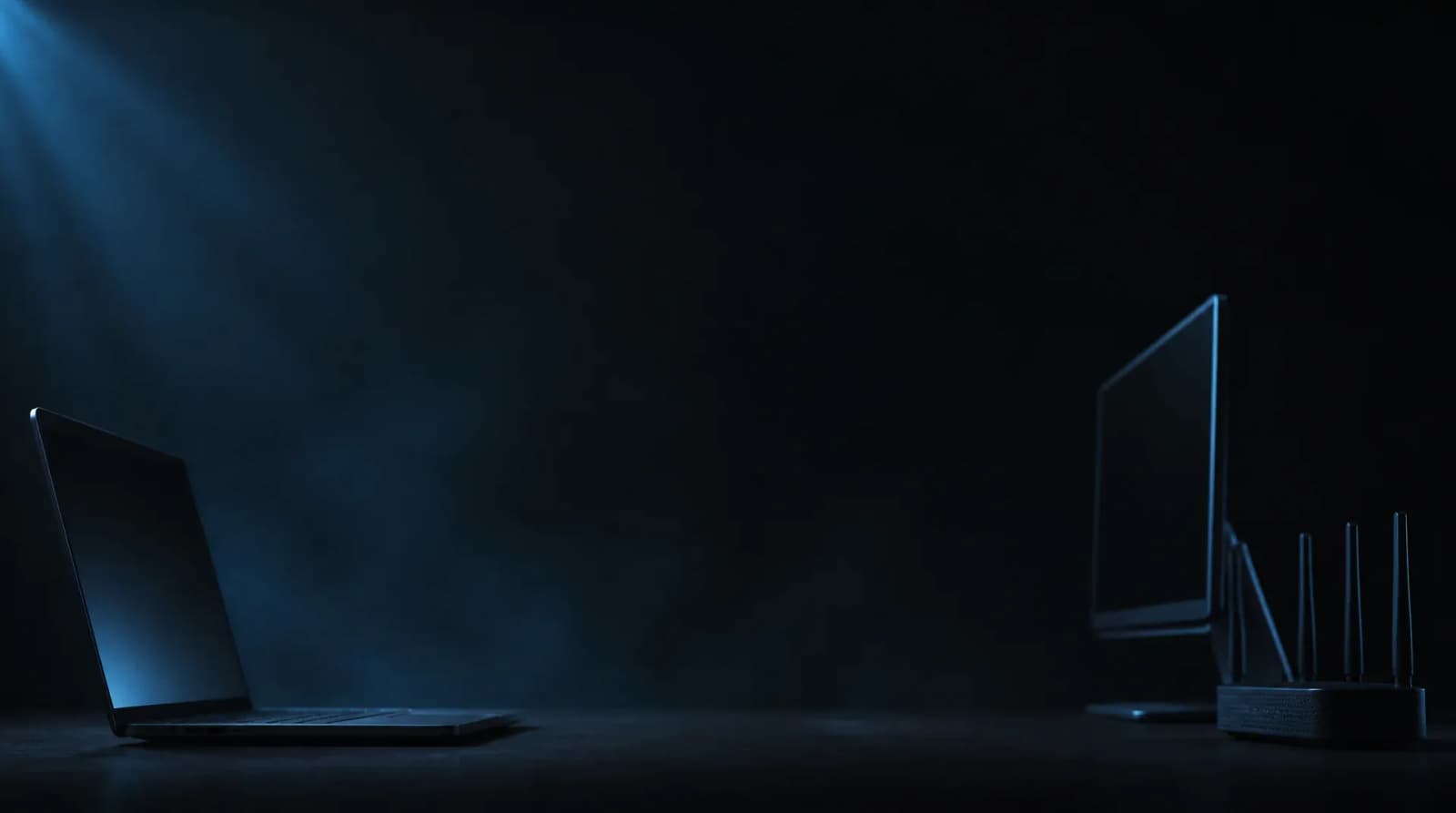 Laptop, monitor y router sobre fondo oscuro